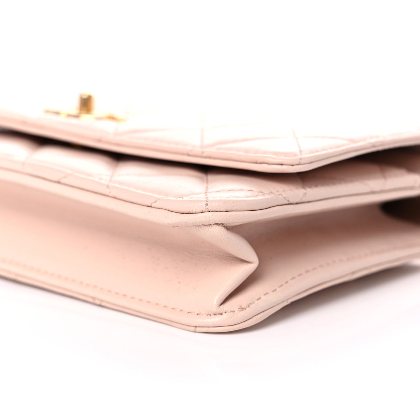 Lambskin Quilted CC Pearl Crush Wallet on Chain WOC Light Beige