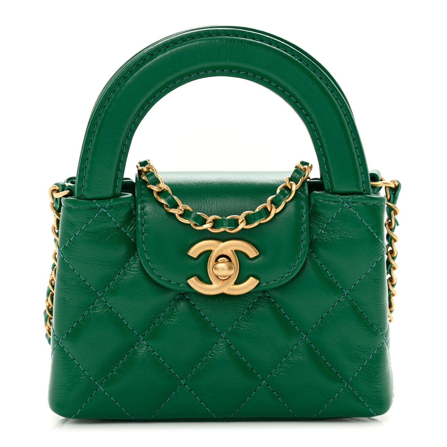 Shiny Aged Calfskin Quilted Mini Nano Kelly Shopper Green