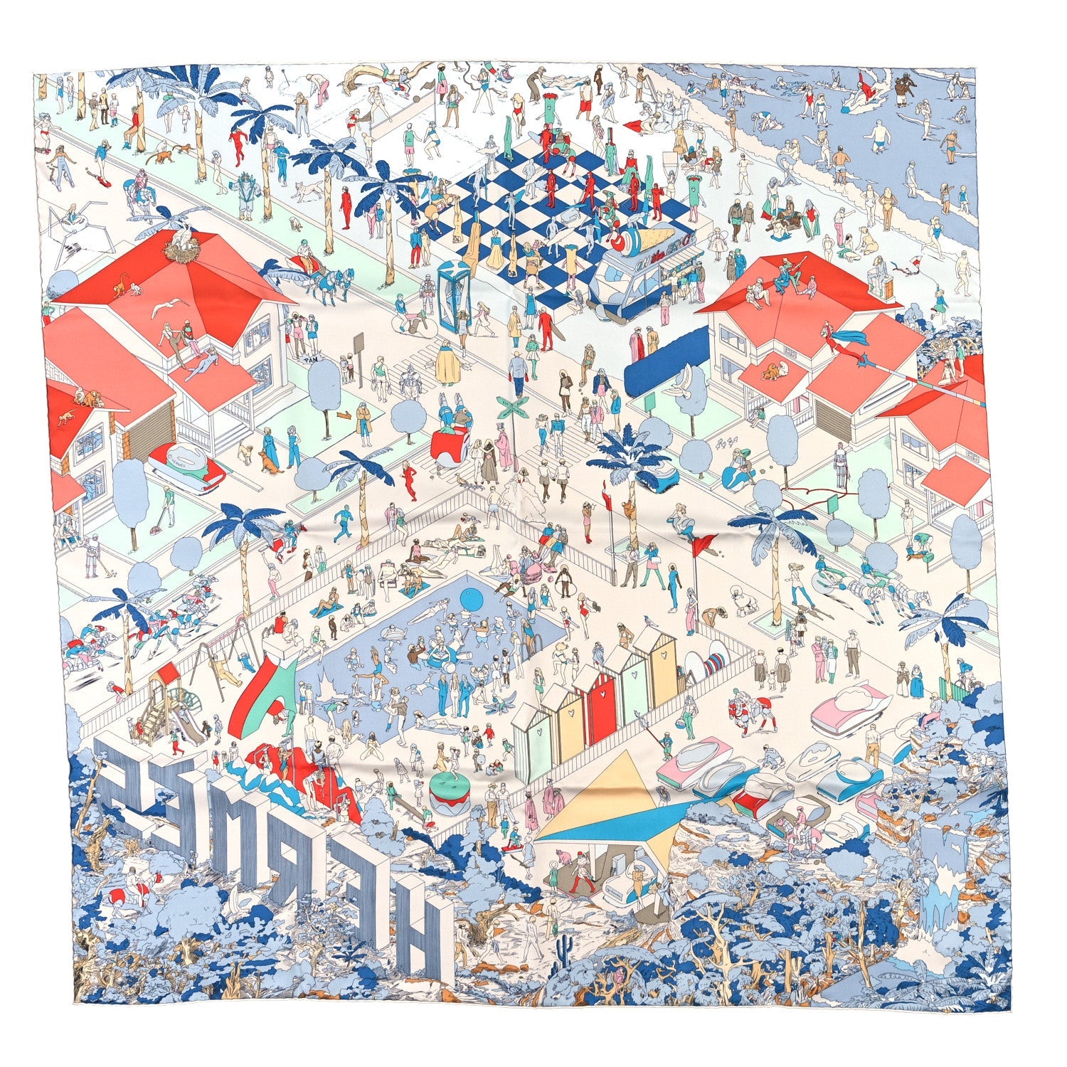 Hermes Silk On The Beach Scarf 90 Gris Argent Bleu Grenadine 1 of 3