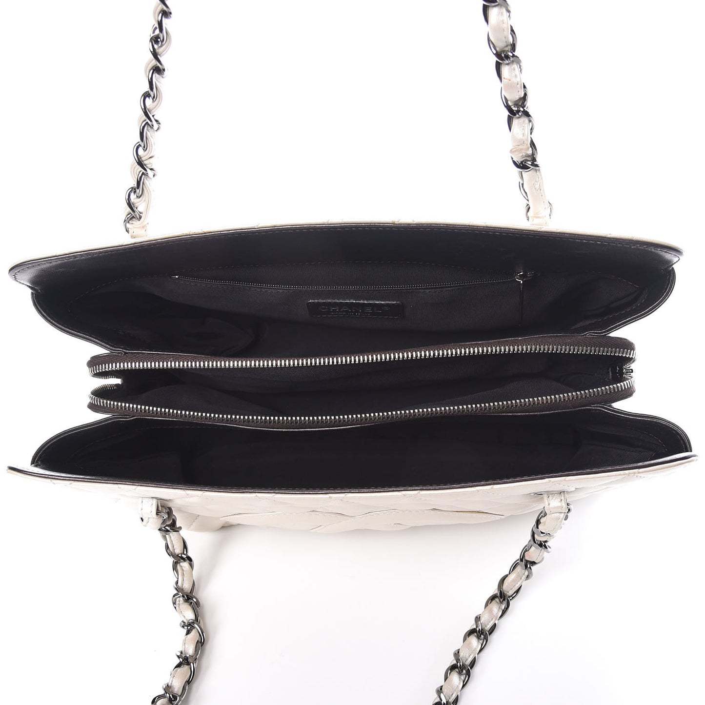 Metallic Lambskin Quilted Mademoiselle Tote Pearl