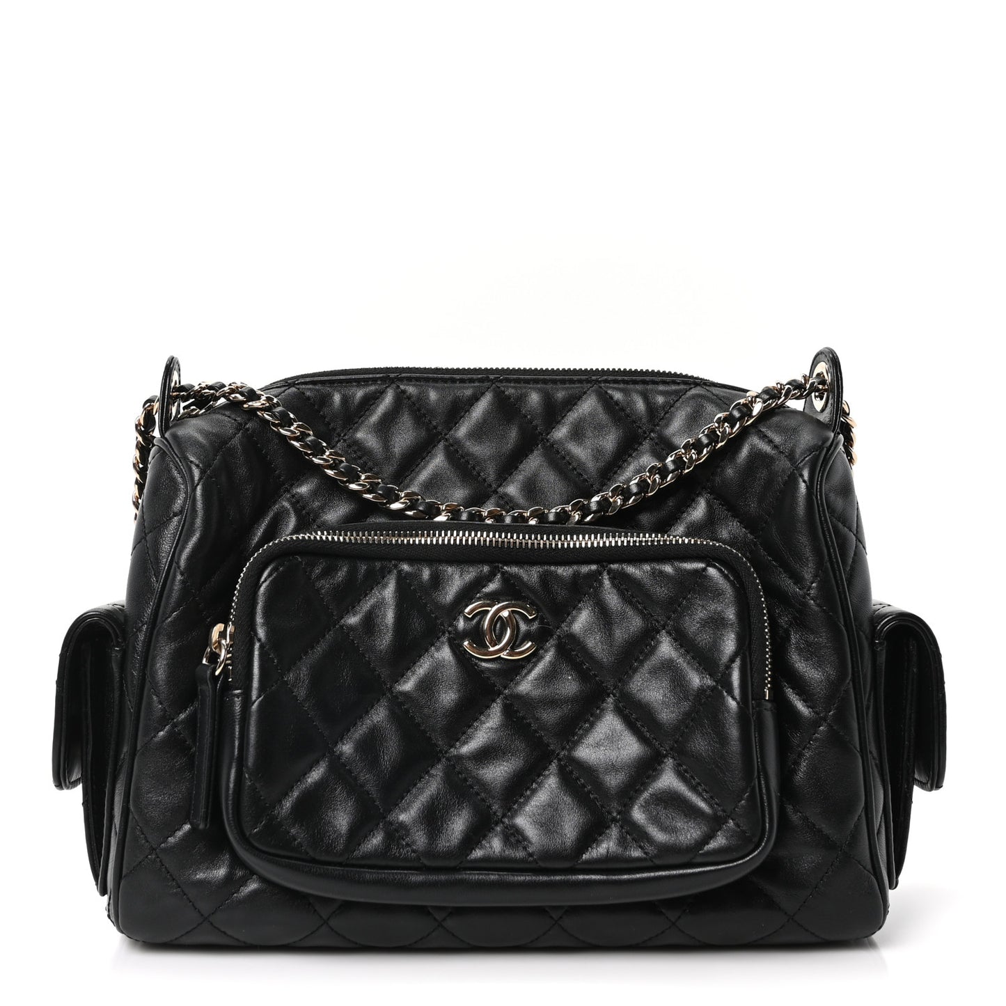 Shiny Crumpled Lambskin Quilted Medium Preppy Pocket Camera Case Black