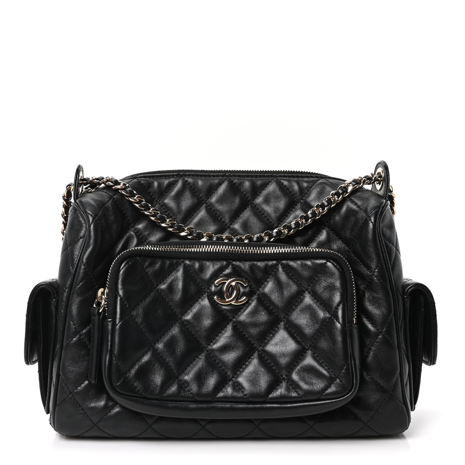 Chanel Shiny Crumpled Lambskin Quilted Medium Preppy Pocket Camera Case Black 1 of 10