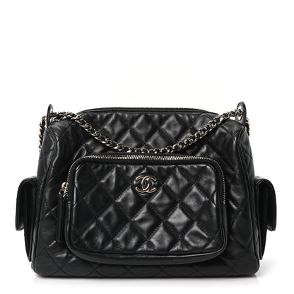 Chanel Shiny Crumpled Lambskin Quilted Medium Preppy Pocket Camera Case Black 1 of 10