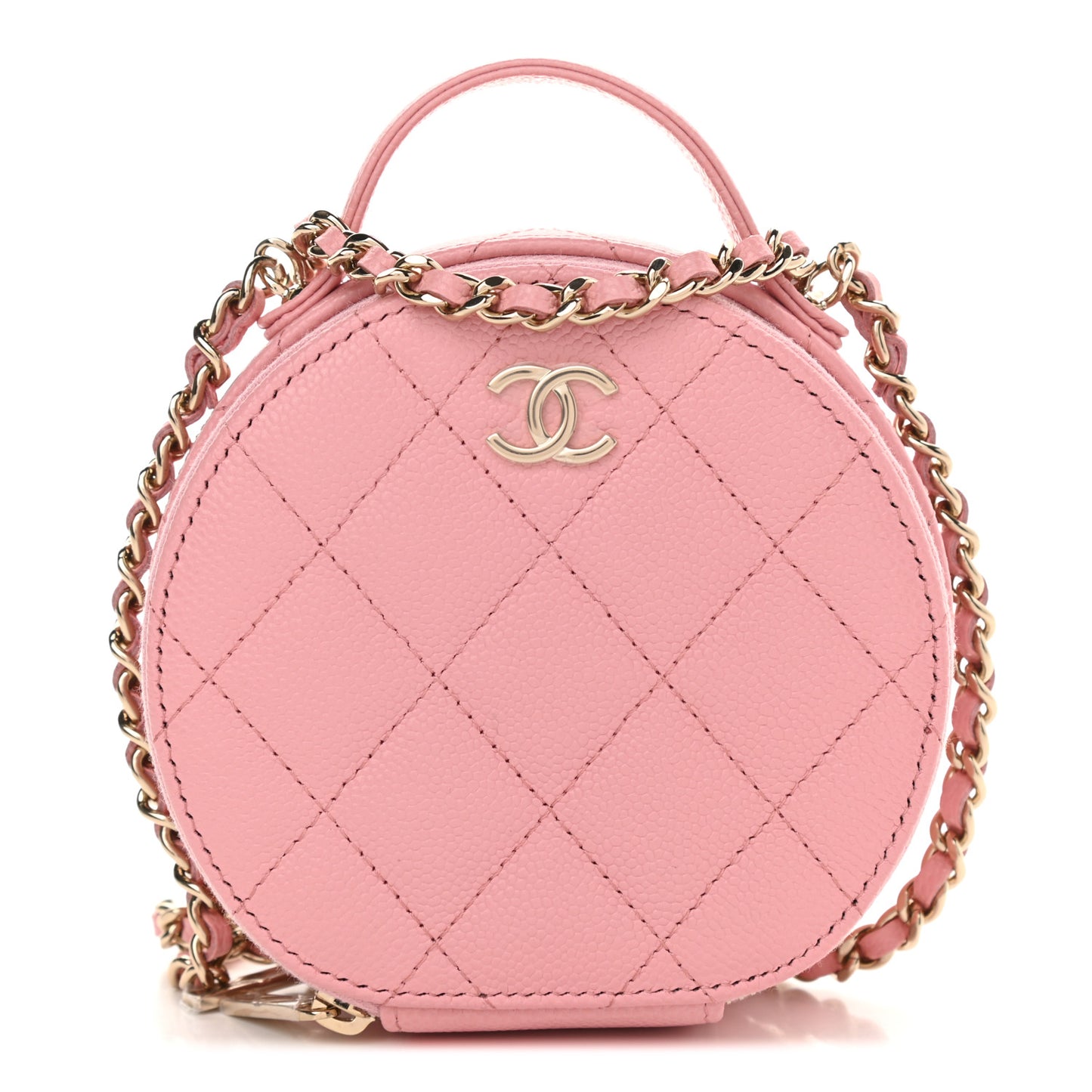 Caviar Quilted Round Handle With Care Vanity With Chain Pink