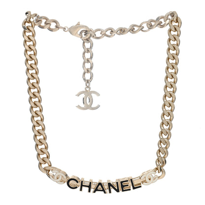 Chanel Enamel Metal Logo Choker Necklace Gold White Black 2 of 4