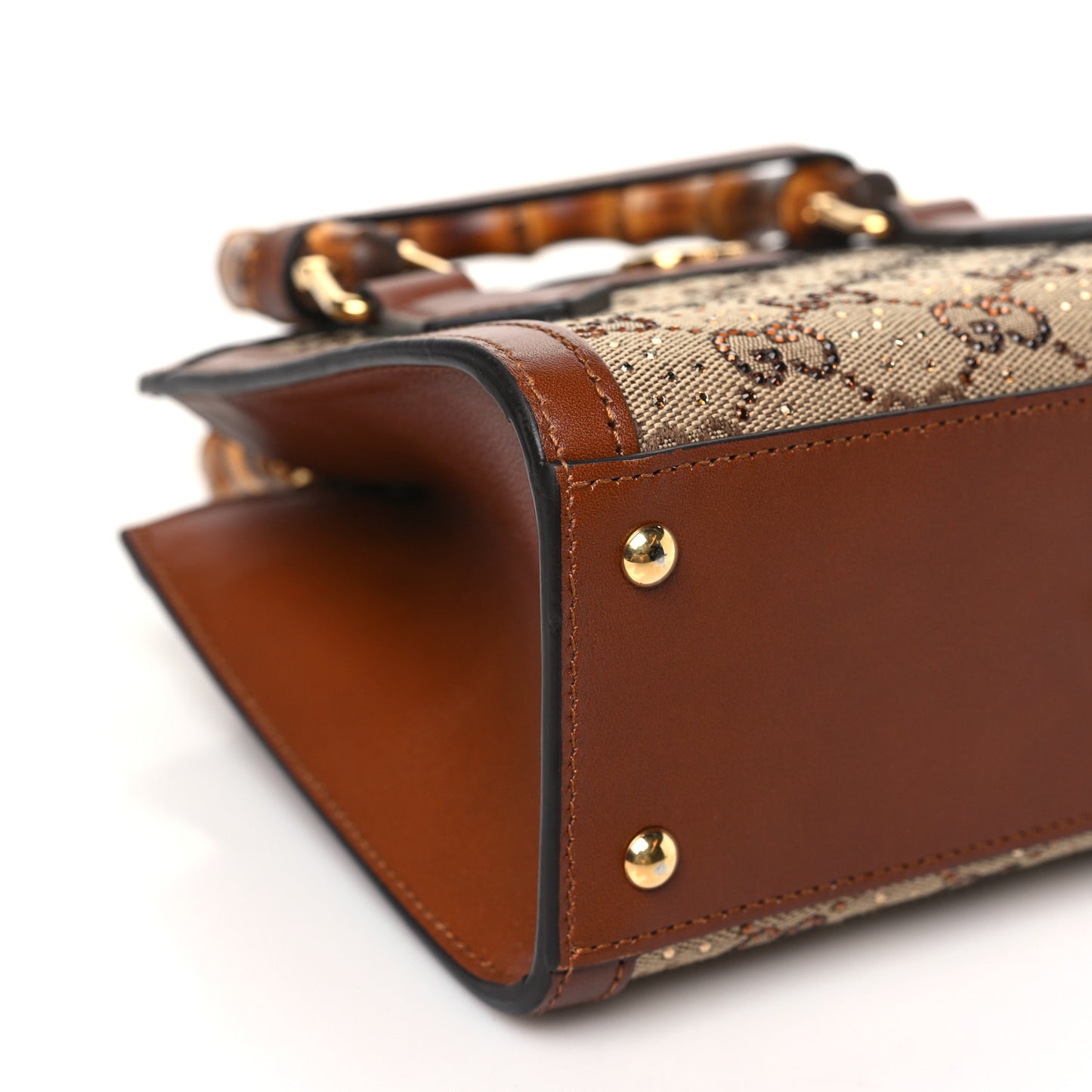 New Canvas Charisma Calfskin Crystal GG Monogram Mini Diana Tote Bag Camel Ebony
