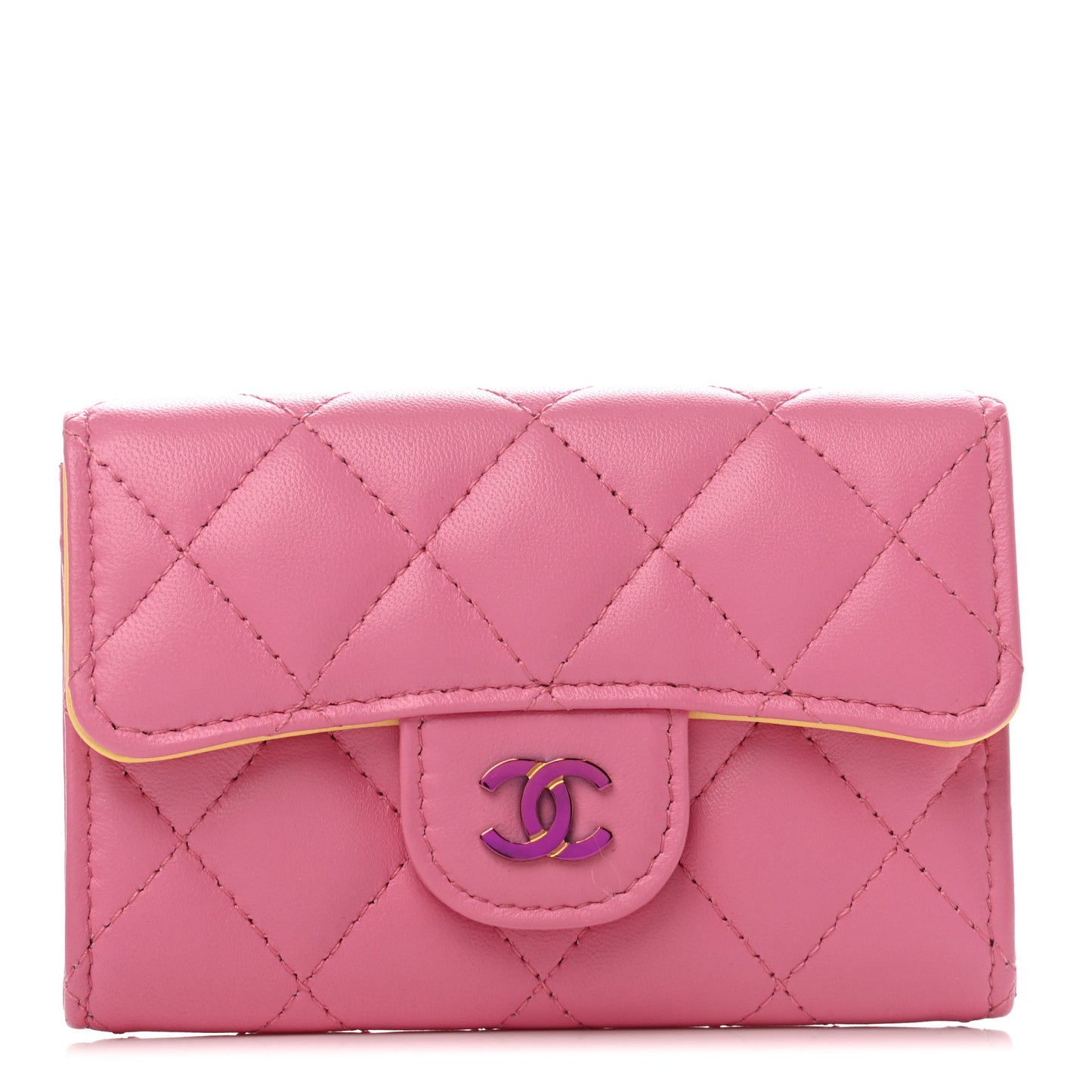 Lambskin Quilted Flap Card Holder Wallet Pink Yellow