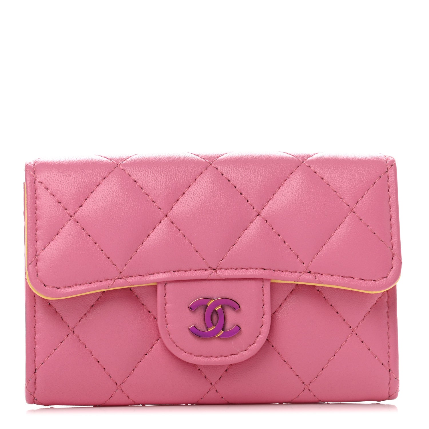 Chanel Lambskin Quilted Flap Card Holder Wallet Pink Yellow 1 of 8