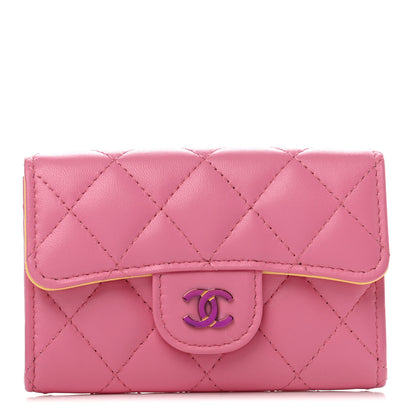 Chanel Lambskin Quilted Flap Card Holder Wallet Pink Yellow 1 of 8