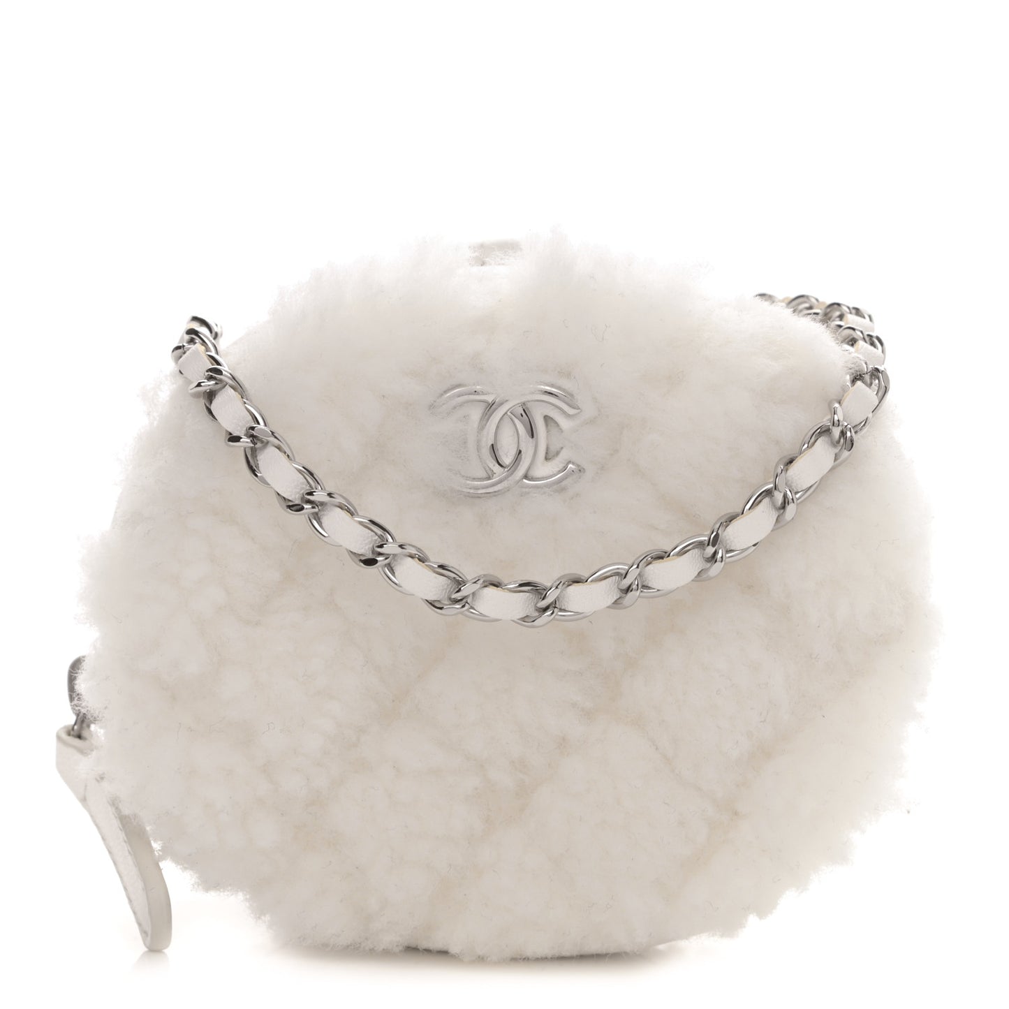 Shearling Sheepskin Lambskin Quilted Round Clutch With Chain White