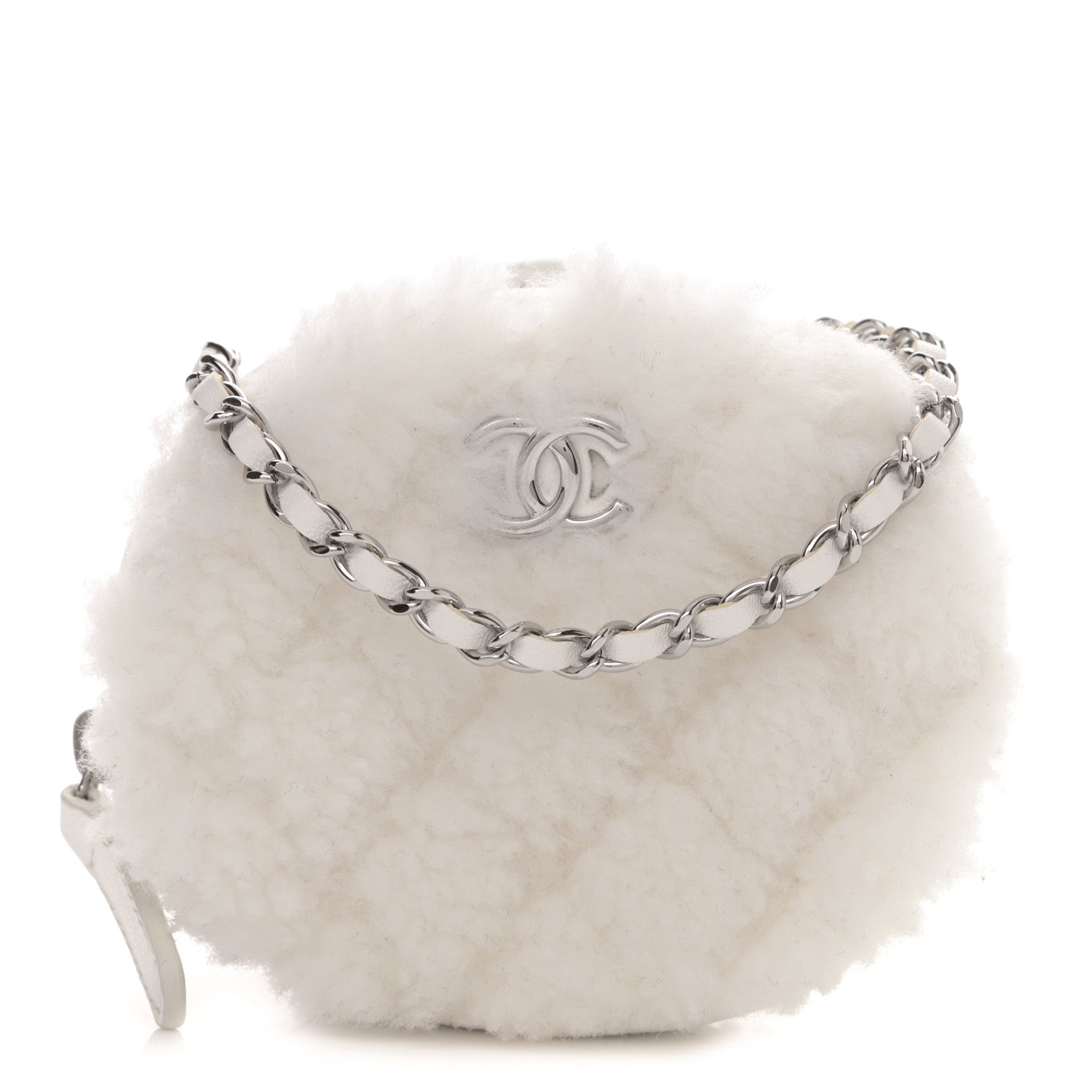 Chanel Shearling Sheepskin Lambskin Quilted Round Clutch With Chain White 1 of 10