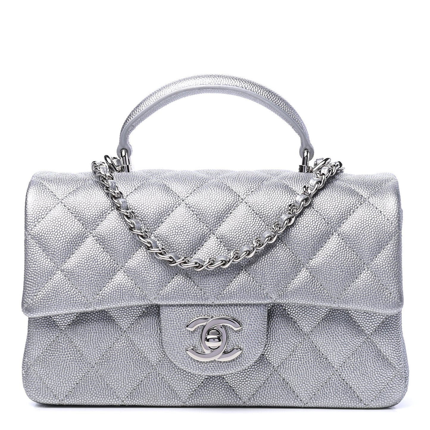 Metallic Caviar Quilted Mini Top Handle Rectangular Flap Silver