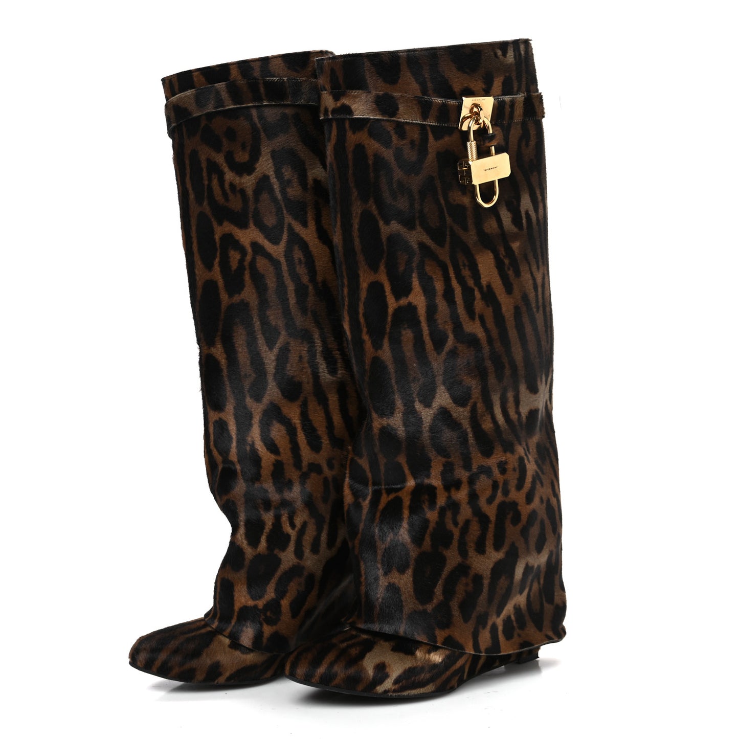 Calf Hair Leopard Print Shark Lock Pant Boots 40 Black Brown