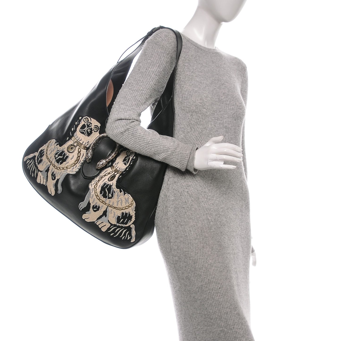 Calfskin Dog Embroidered Extra Large Dionysus Hobo Black