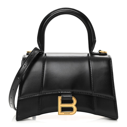 Shiny Box Calfskin Hourglass Top Handle Bag XS Black