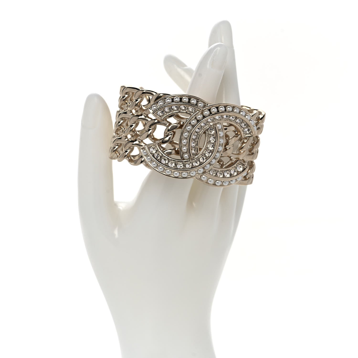 Chanel Crystal Pearl Chain CC Cuff Gold 2 of 6