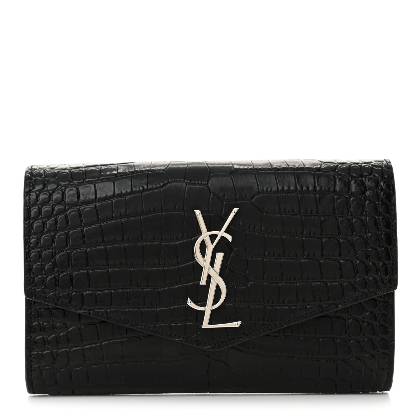 Calfskin Crocodile Embossed Monogram Uptown Chain Wallet Black