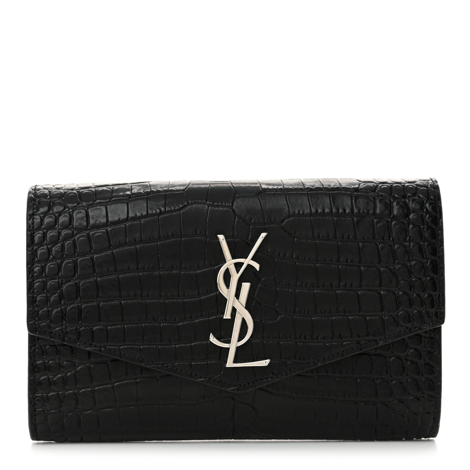 Saint Laurent Calfskin Crocodile Embossed Monogram Uptown Chain Wallet Black 1 of 11