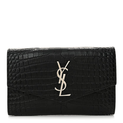 Saint Laurent Calfskin Crocodile Embossed Monogram Uptown Chain Wallet Black 1 of 11