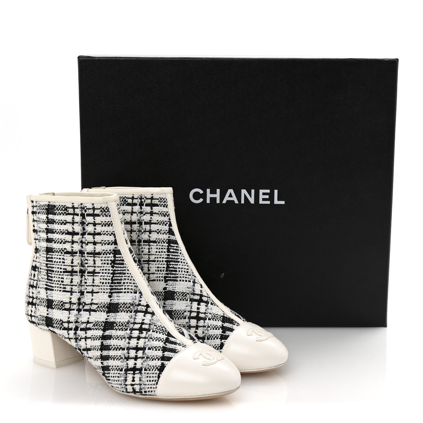 Tweed Lambskin Cap Toe CC Short Boots 35.5 White Black