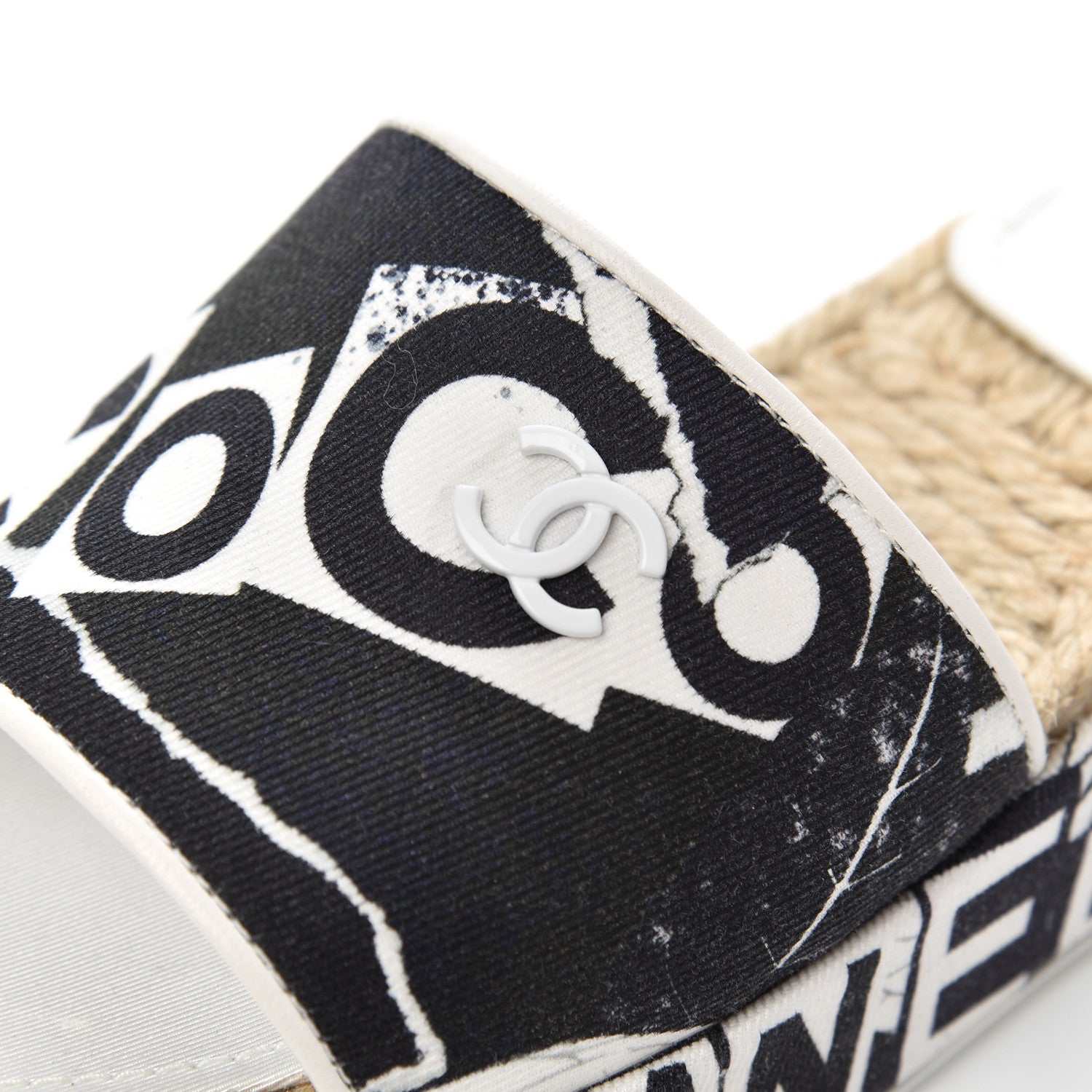 Chanel Fabric Grosgrain Printed CC Espadrille Slip On Sandals 36 White Black 9 of 14