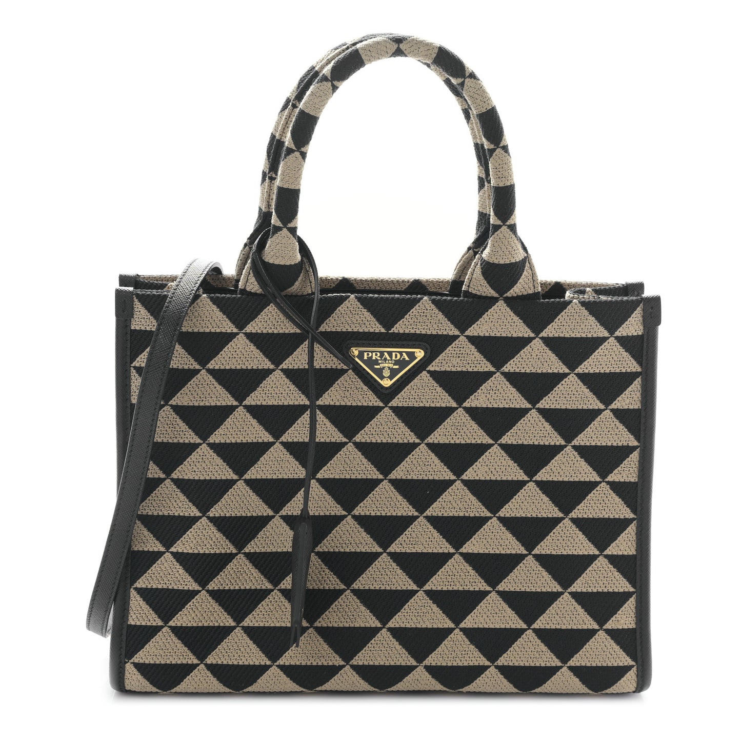 Jacquard Saffiano Triangolo Symbole Embroidered Small Tote Black Corda