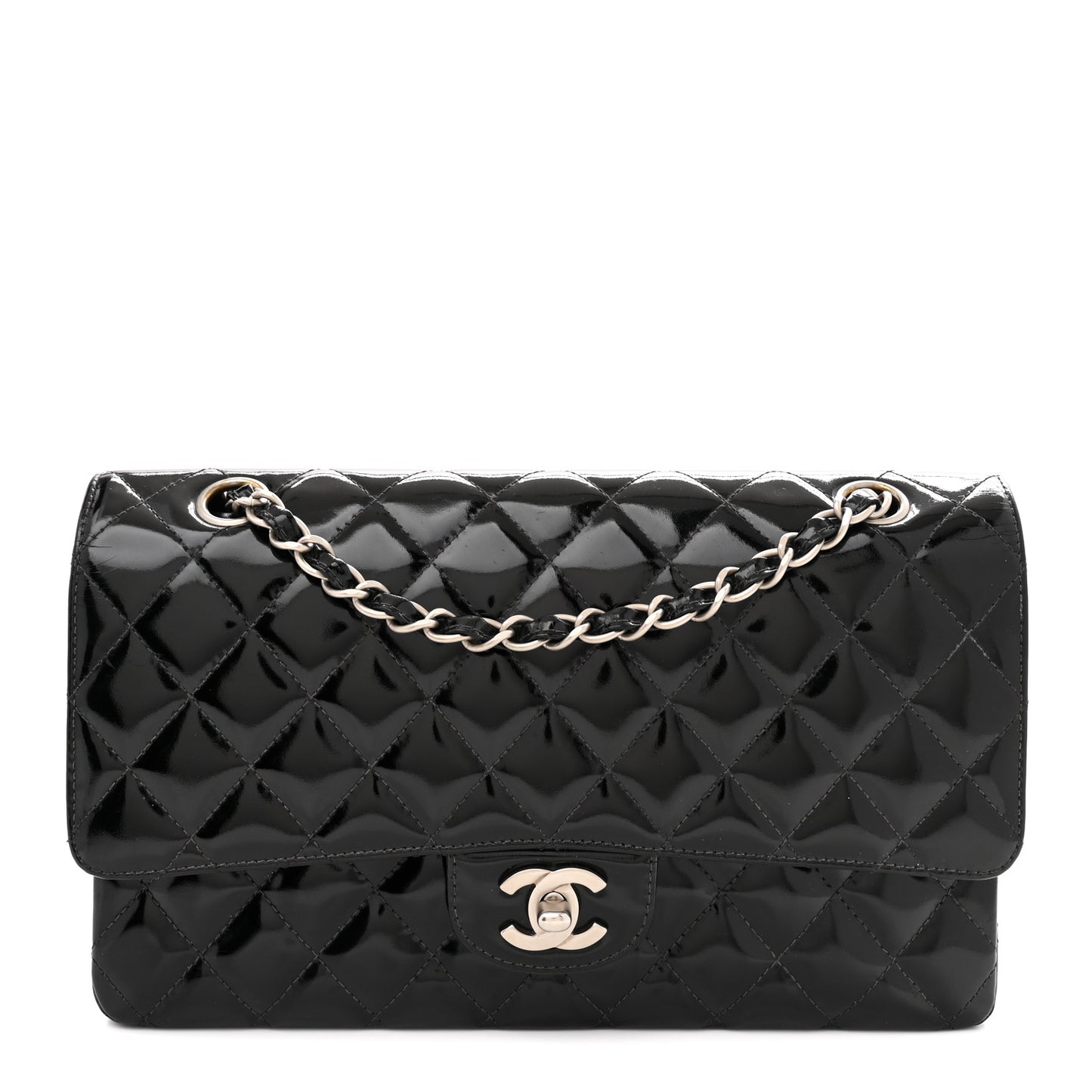 Patent Quilted Medium Double Flap Black
