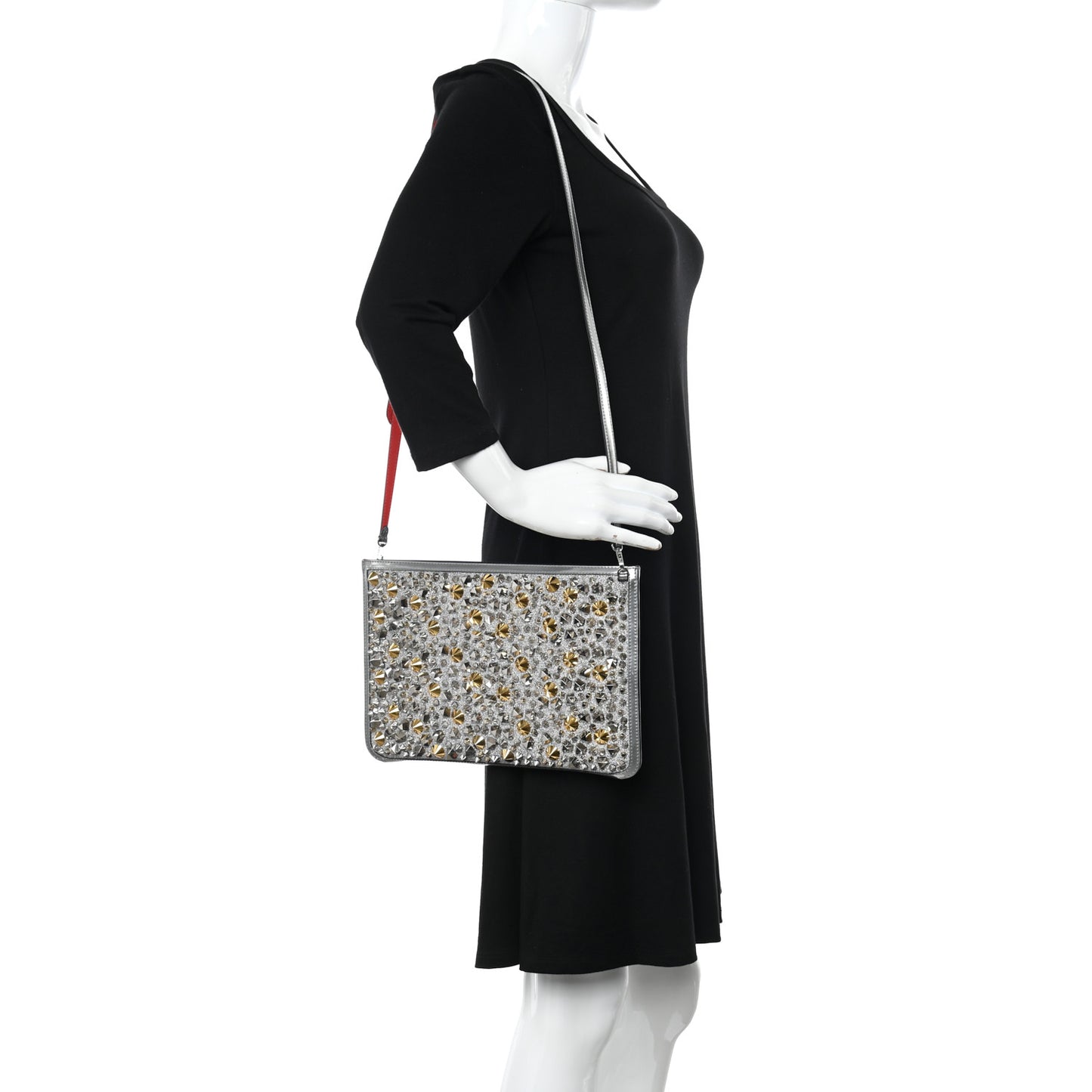Patent Calfskin Glitter Studded Loubiclutch Crossbody Clutch Silver
