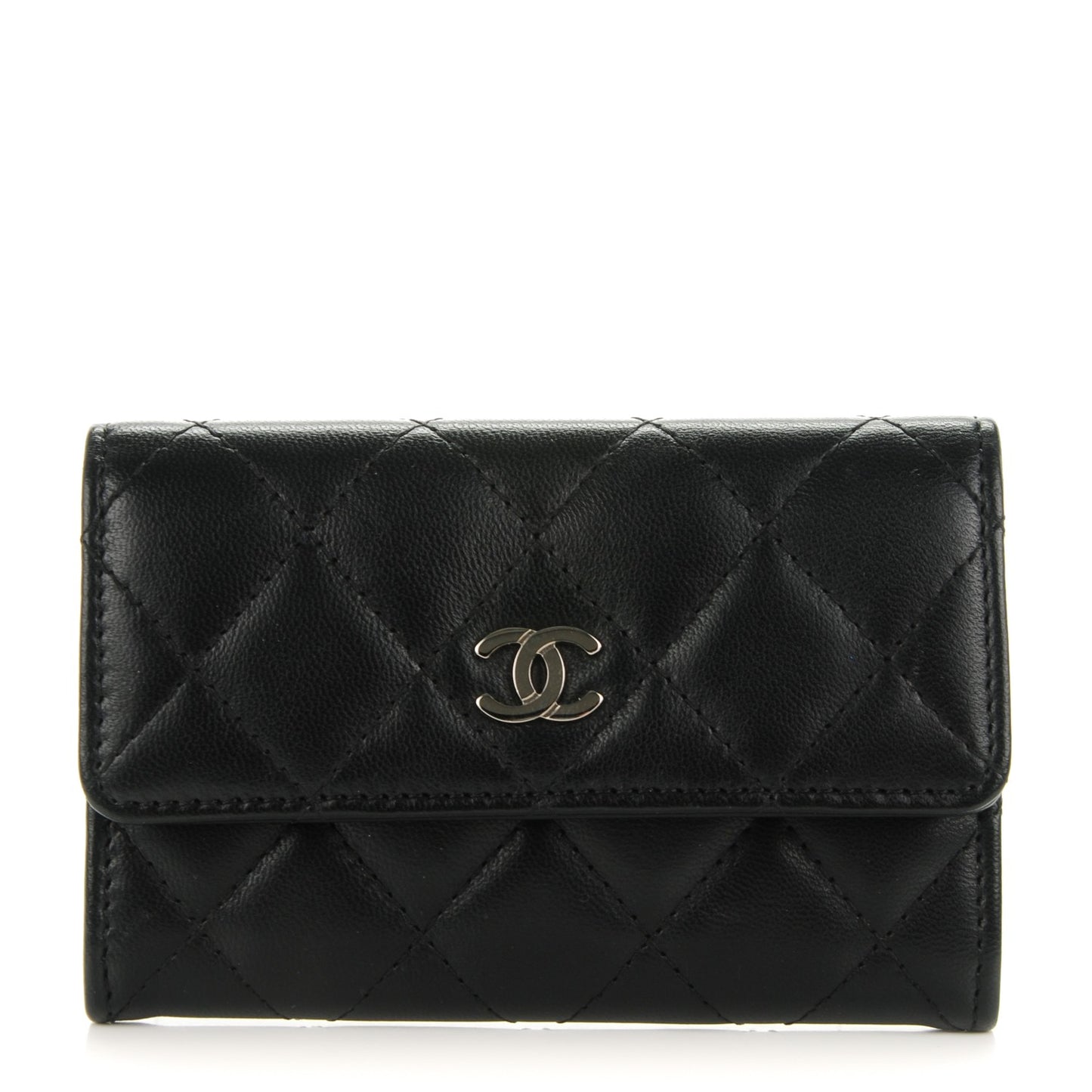 Lambskin Quilted Flap Card Holder Black