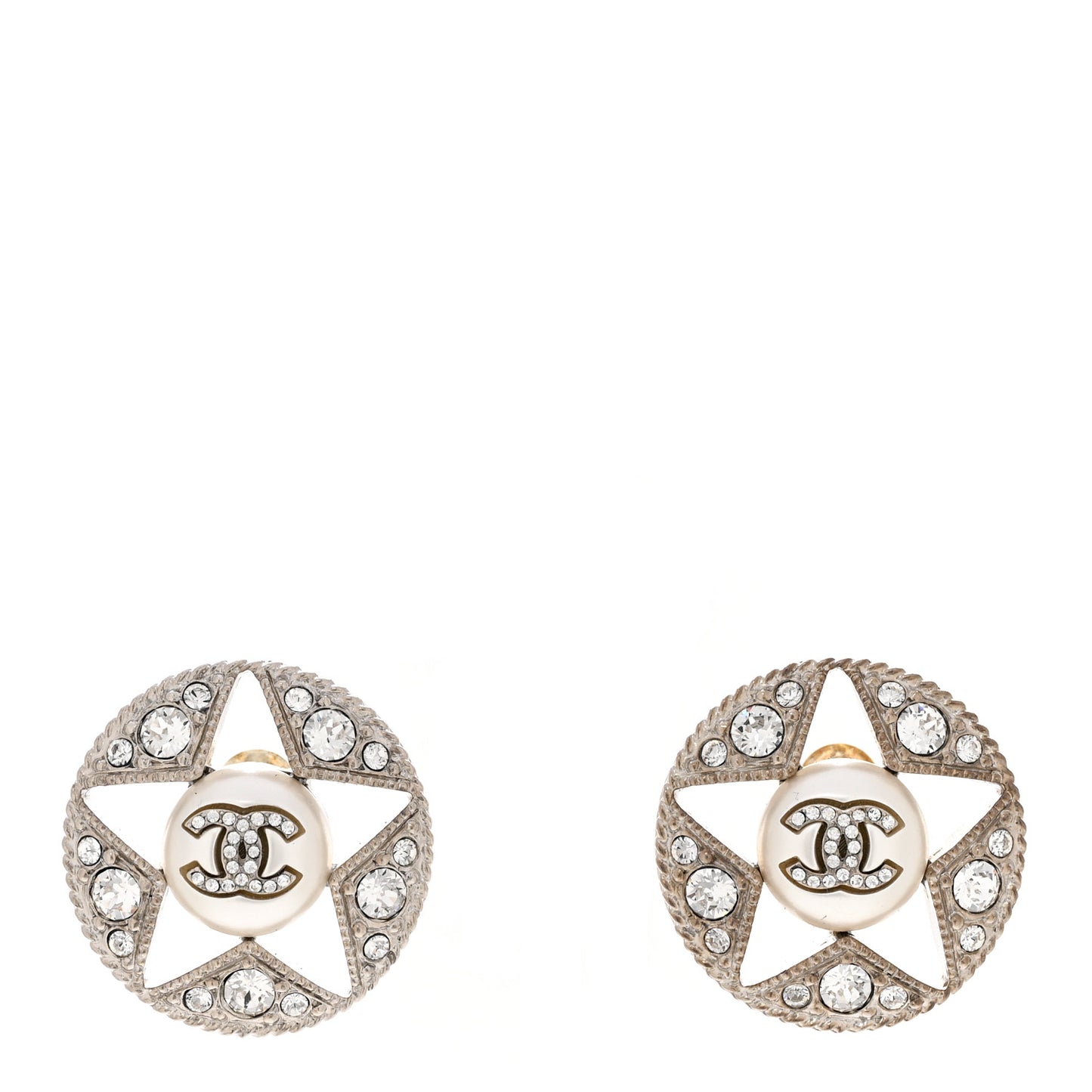 Pearl Crystal Star CC Round Earrings Silver Pearly White