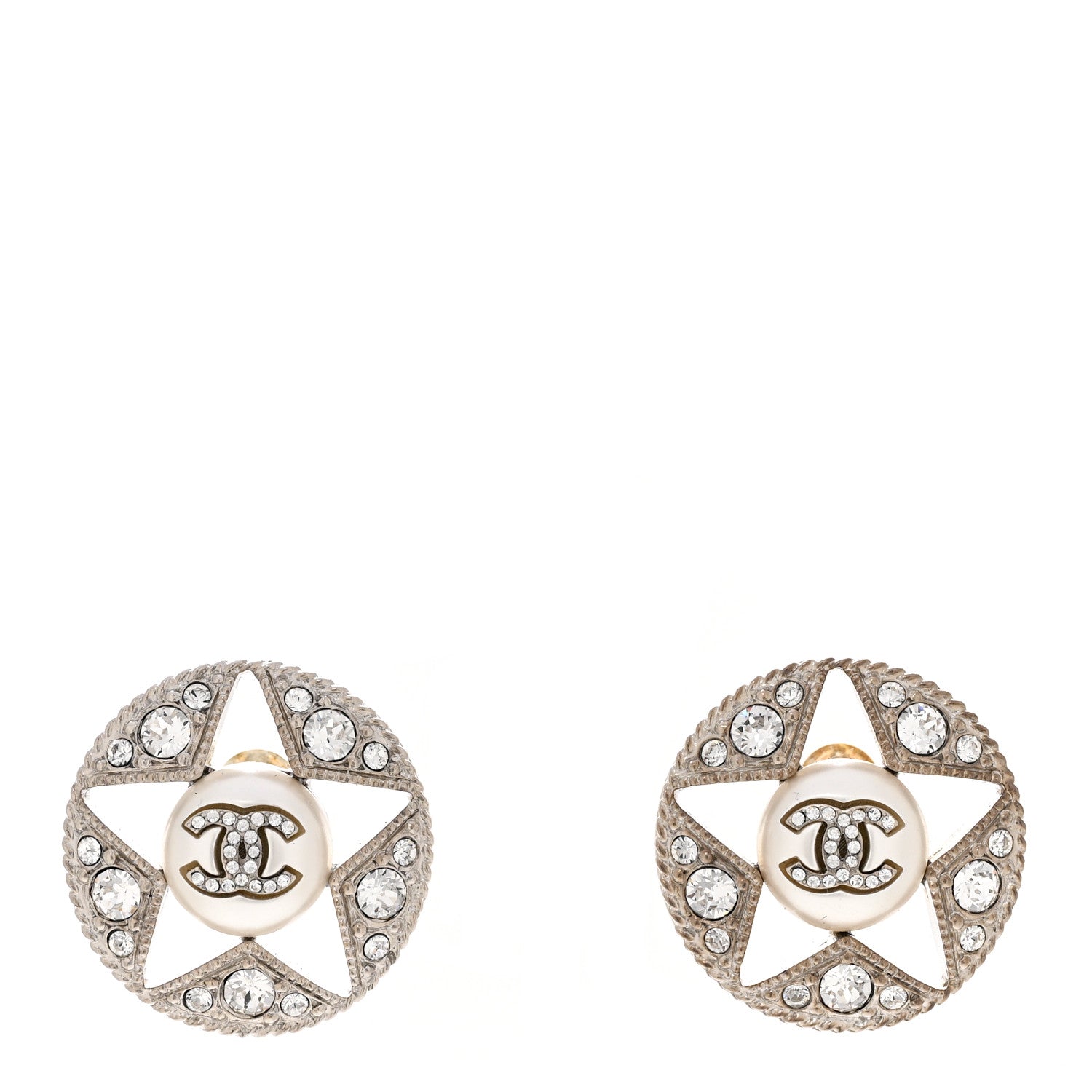 Chanel Pearl Crystal Star CC Round Earrings Silver Pearly White 1 of 4