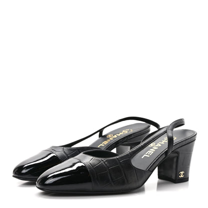 Chanel Calfskin Crocodile Embossed Patent Cap Toe CC Slingback Sandals 38 Black 3 of 8
