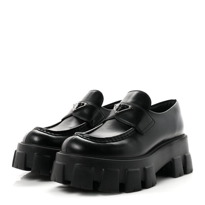 Prada Spazzolato Rois Metal Triangle Logo Monolith 55mm Loafers 36.5 Black 4 of 10