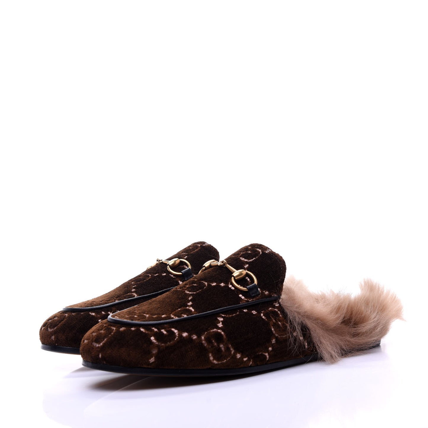 Velvet GG Monogram Fur Womens Princetown Slippers 37.5 Brown Black Natural