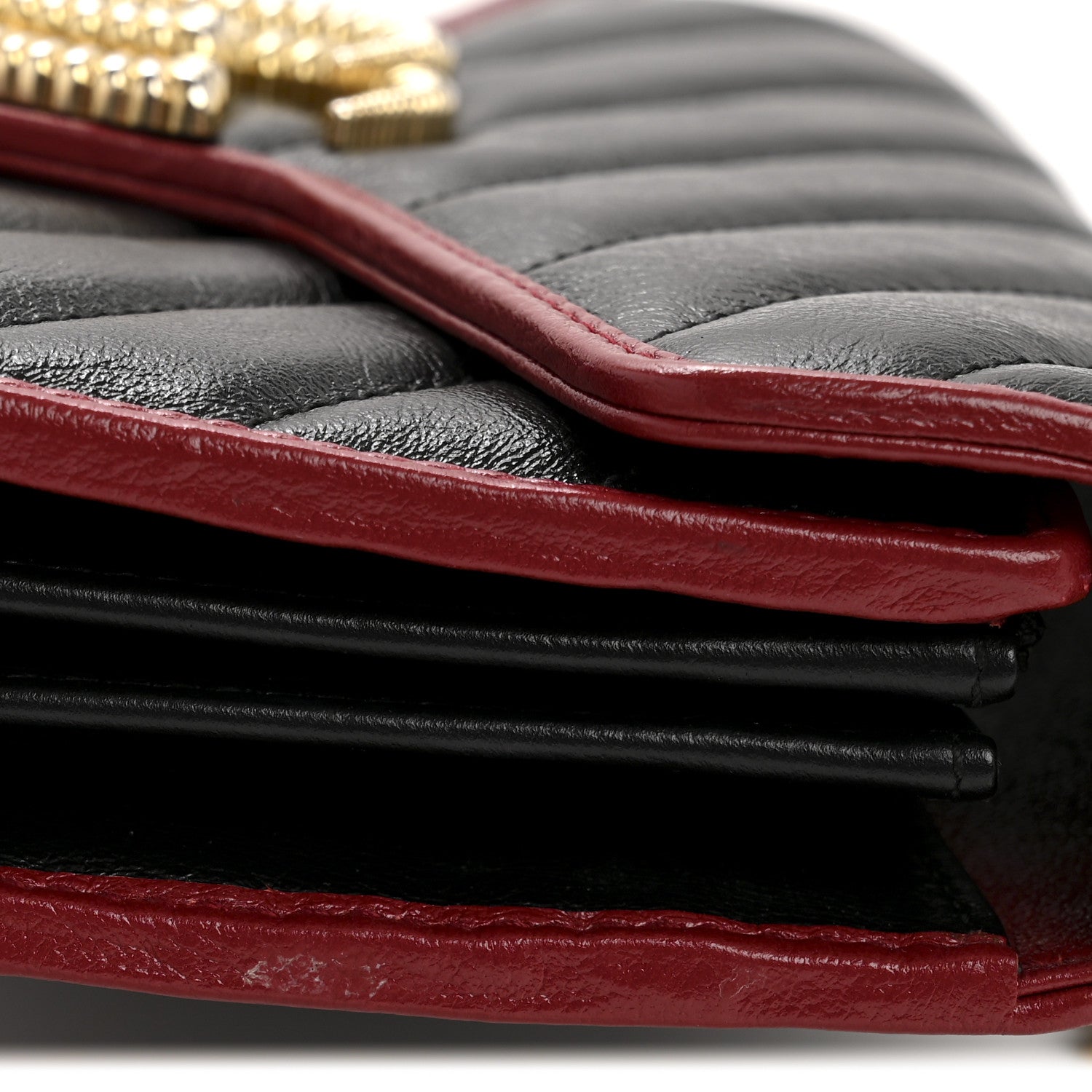 Gucci Vintage Effect Calfskin Matelasse Diagonal Torchon GG Marmont Chain Wallet Black Romantic Cherry 12 of 12