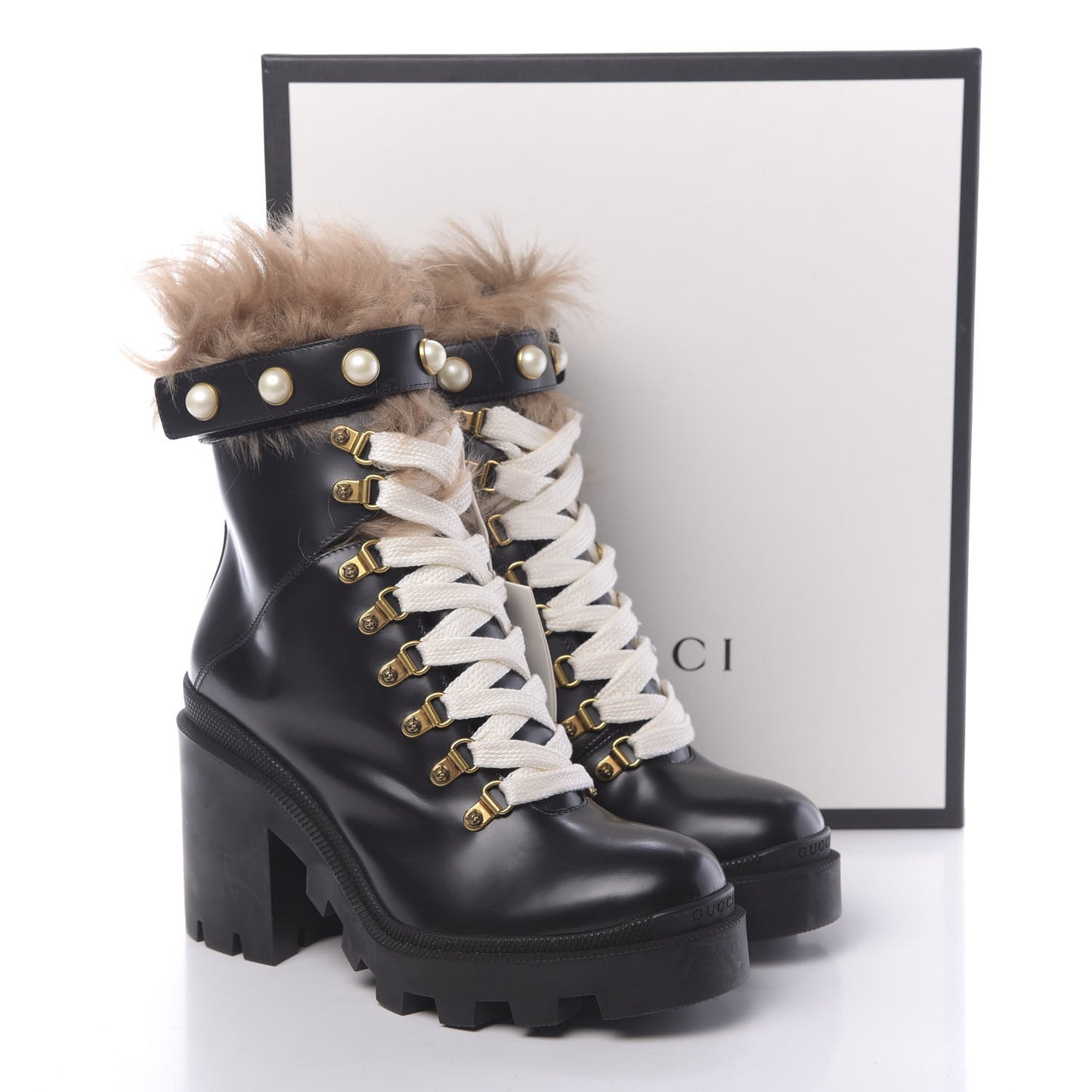 Magnum Calfskin Fur Pearl Lace Up Combat Ankle Boots 39 Black Naturale