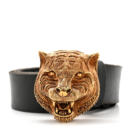 Gucci Calfskin Brass Feline Buckle Belt 85 34 Black 1 of 7