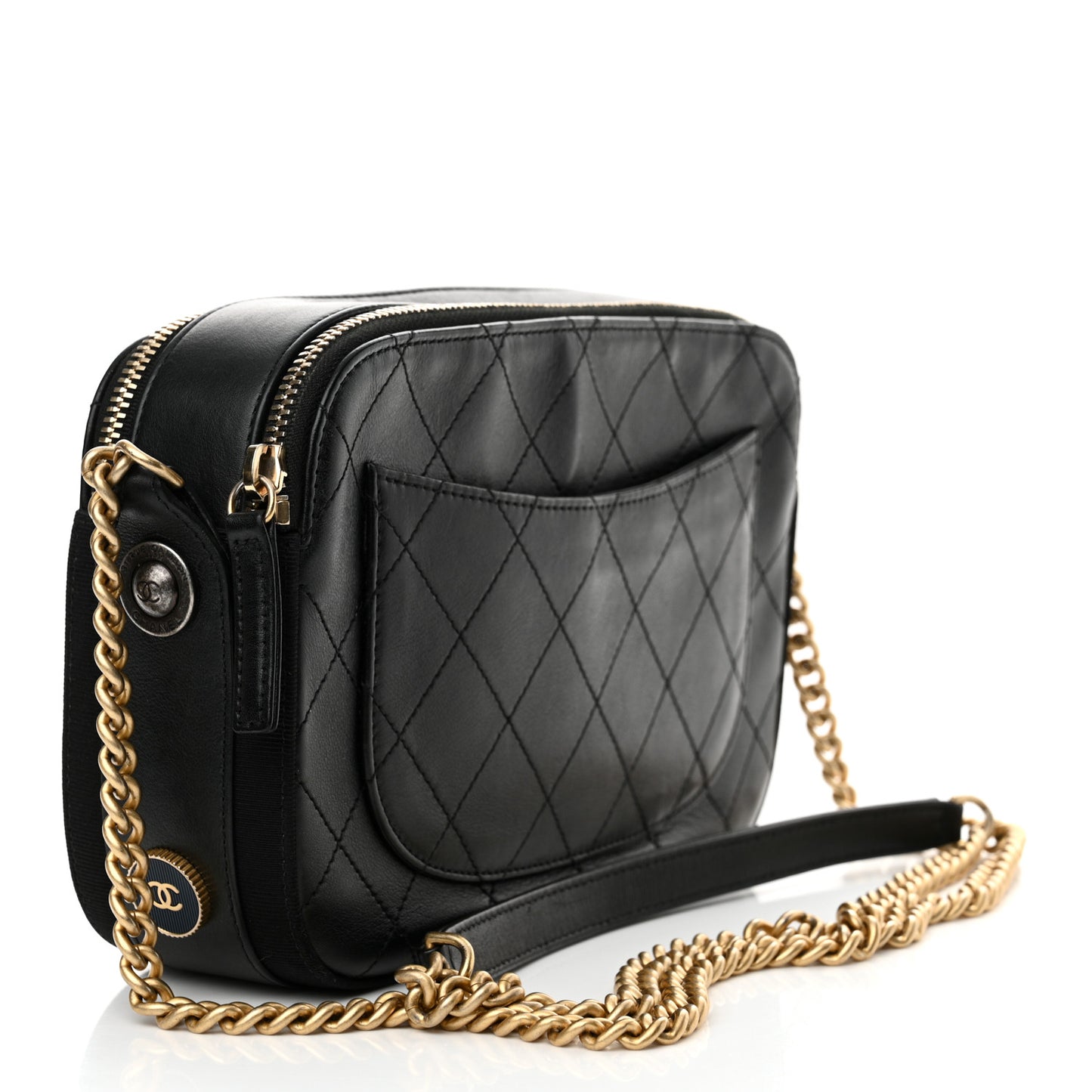 Calfskin Grosgrain Stitched Button Up Camera Case Black