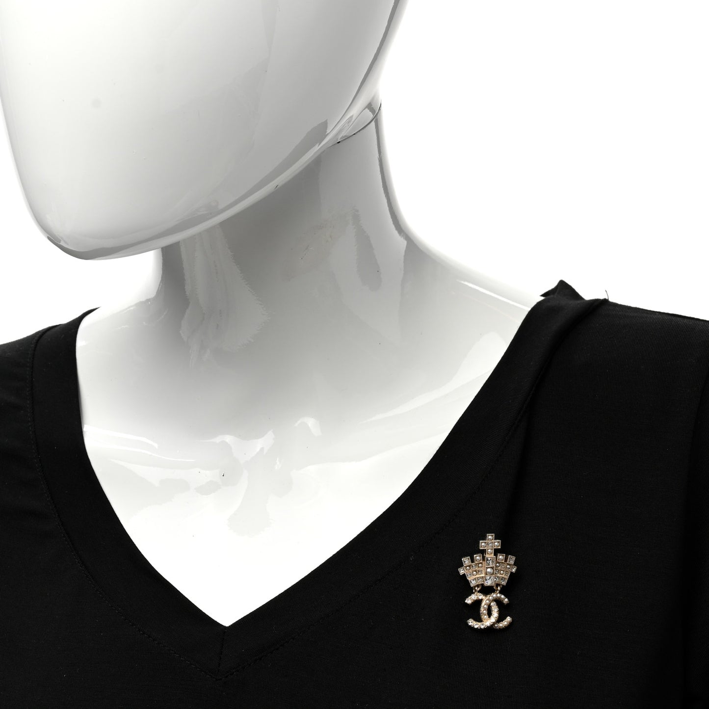 Pearl Crystal CC Crown Brooch Gold