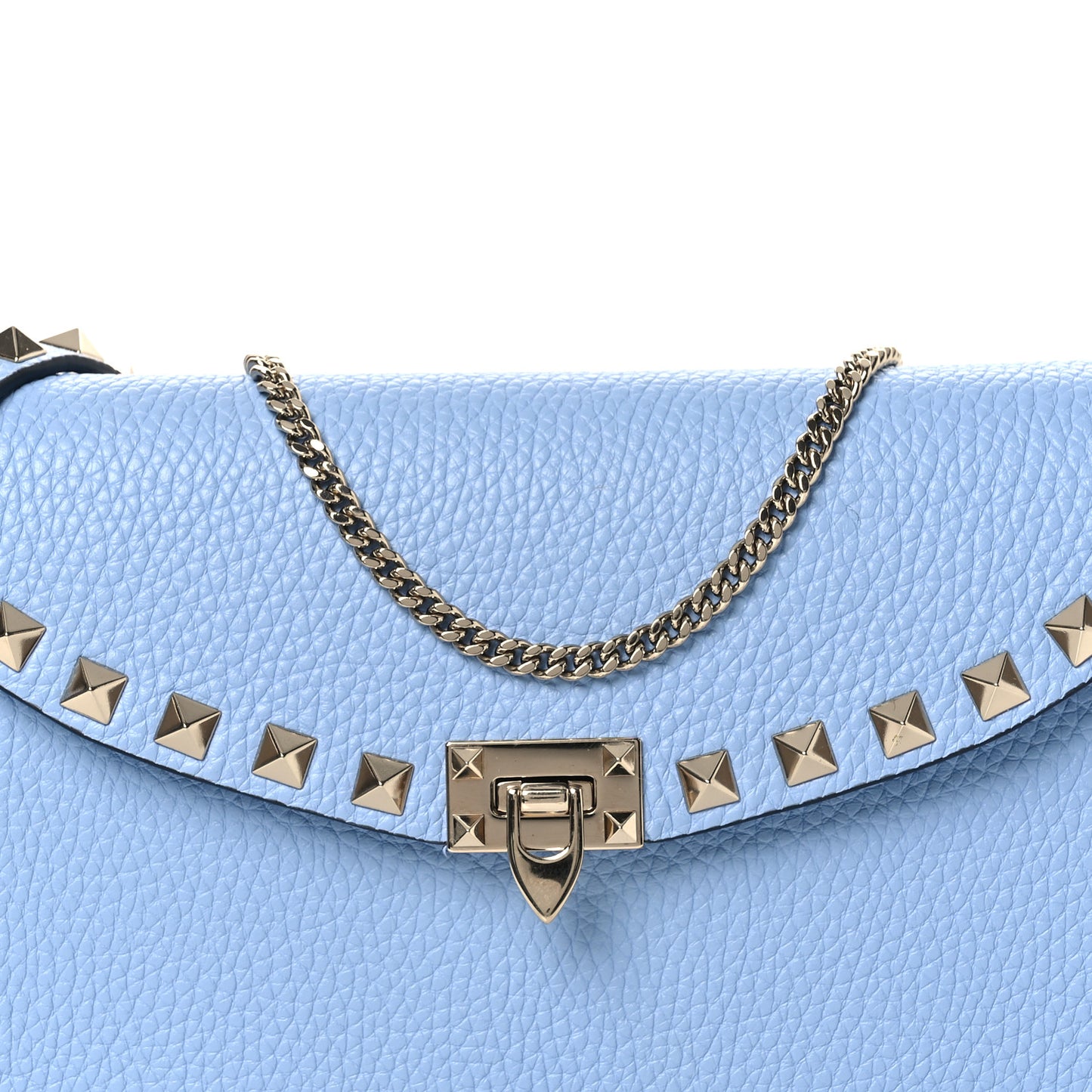 Grainy Calfskin Rockstud Flip Lock Wallet With Chain Popeline Blue