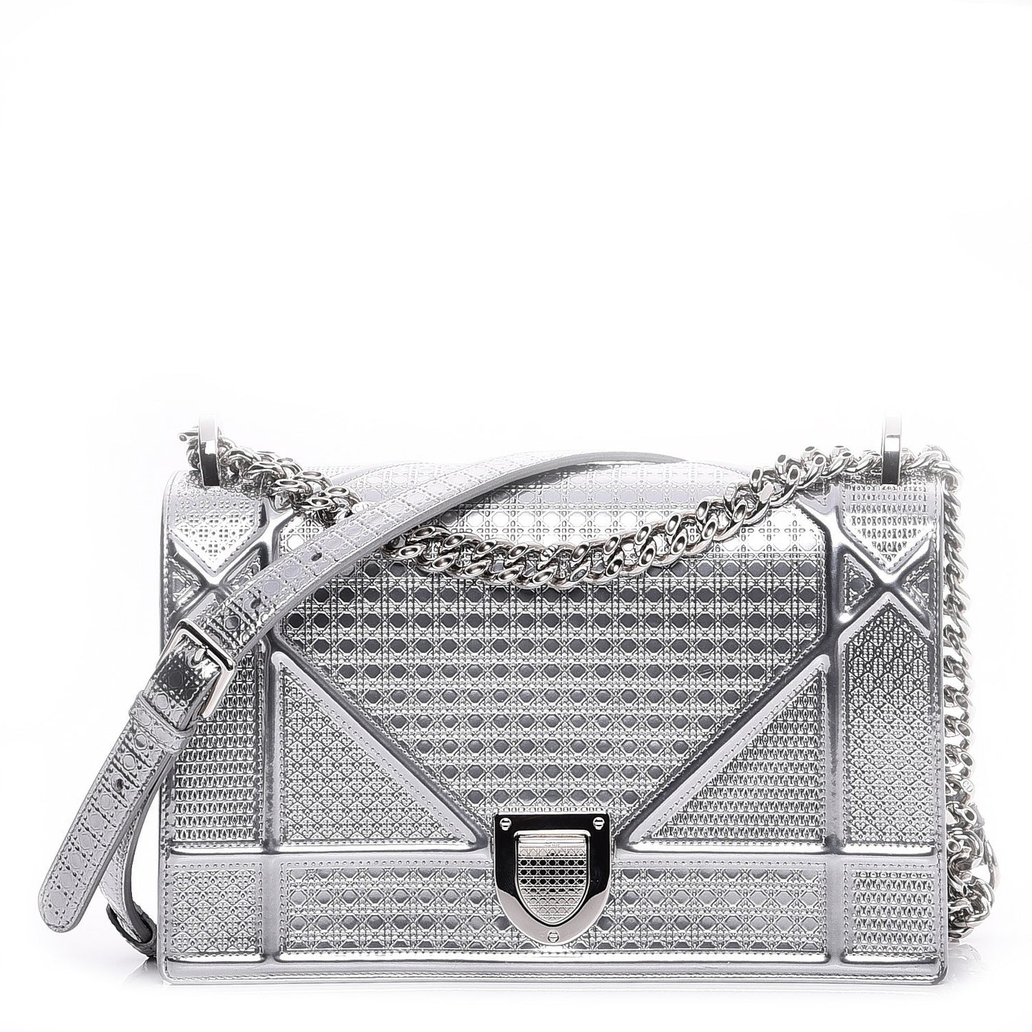 Metallic Patent Micro-Cannage Medium Diorama Flap Bag Silver