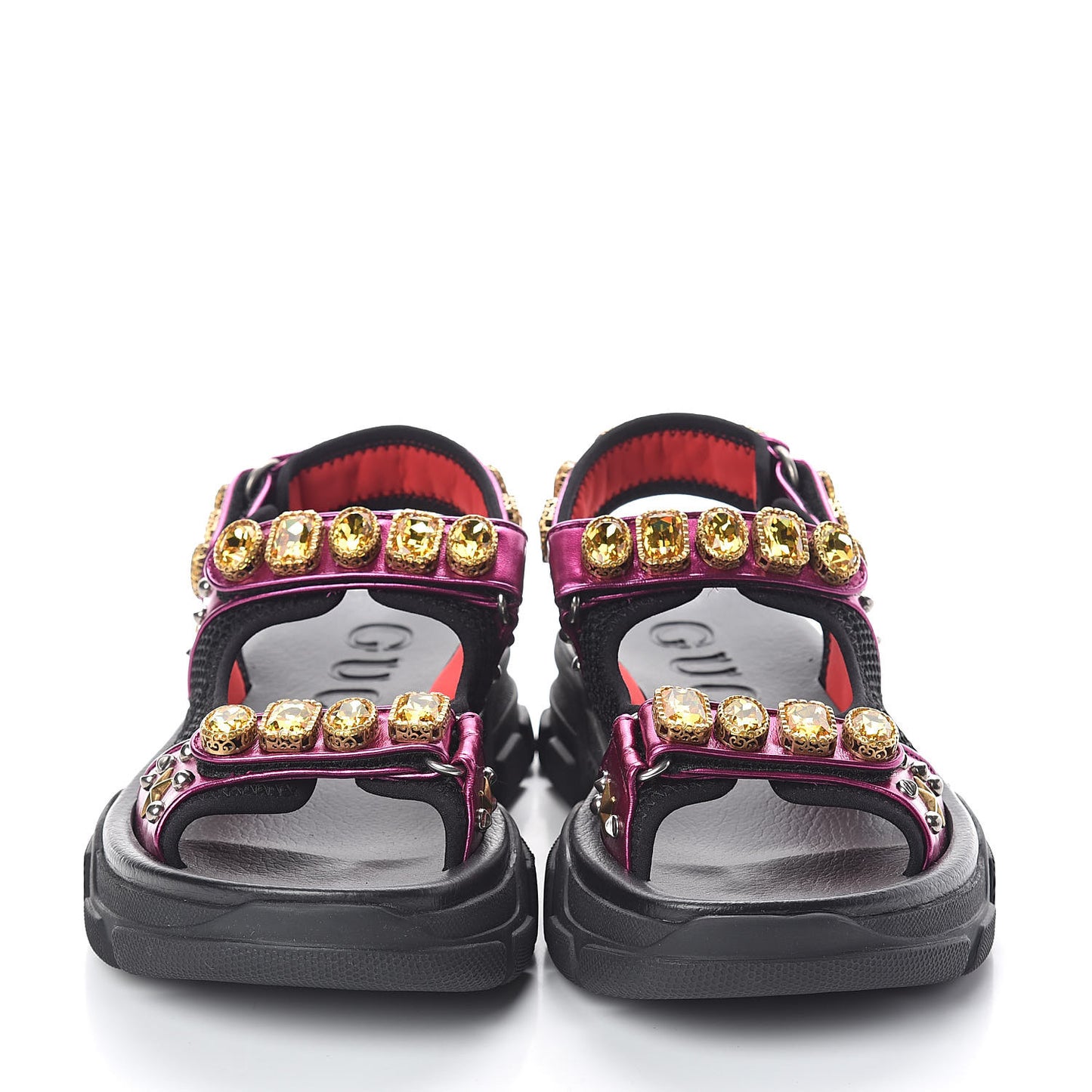 Nappa Mesh Crystal Embellished Studded Womens Aguru Sandals 40 Pink Black