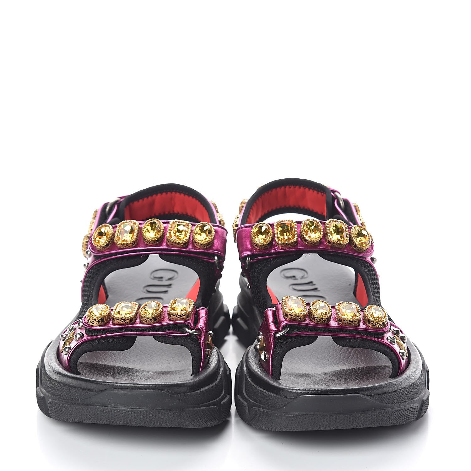 Gucci Nappa Mesh Crystal Embellished Studded Womens Aguru Sandals 40 Pink Black 2 of 8