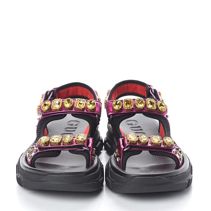Gucci Nappa Mesh Crystal Embellished Studded Womens Aguru Sandals 40 Pink Black 2 of 8