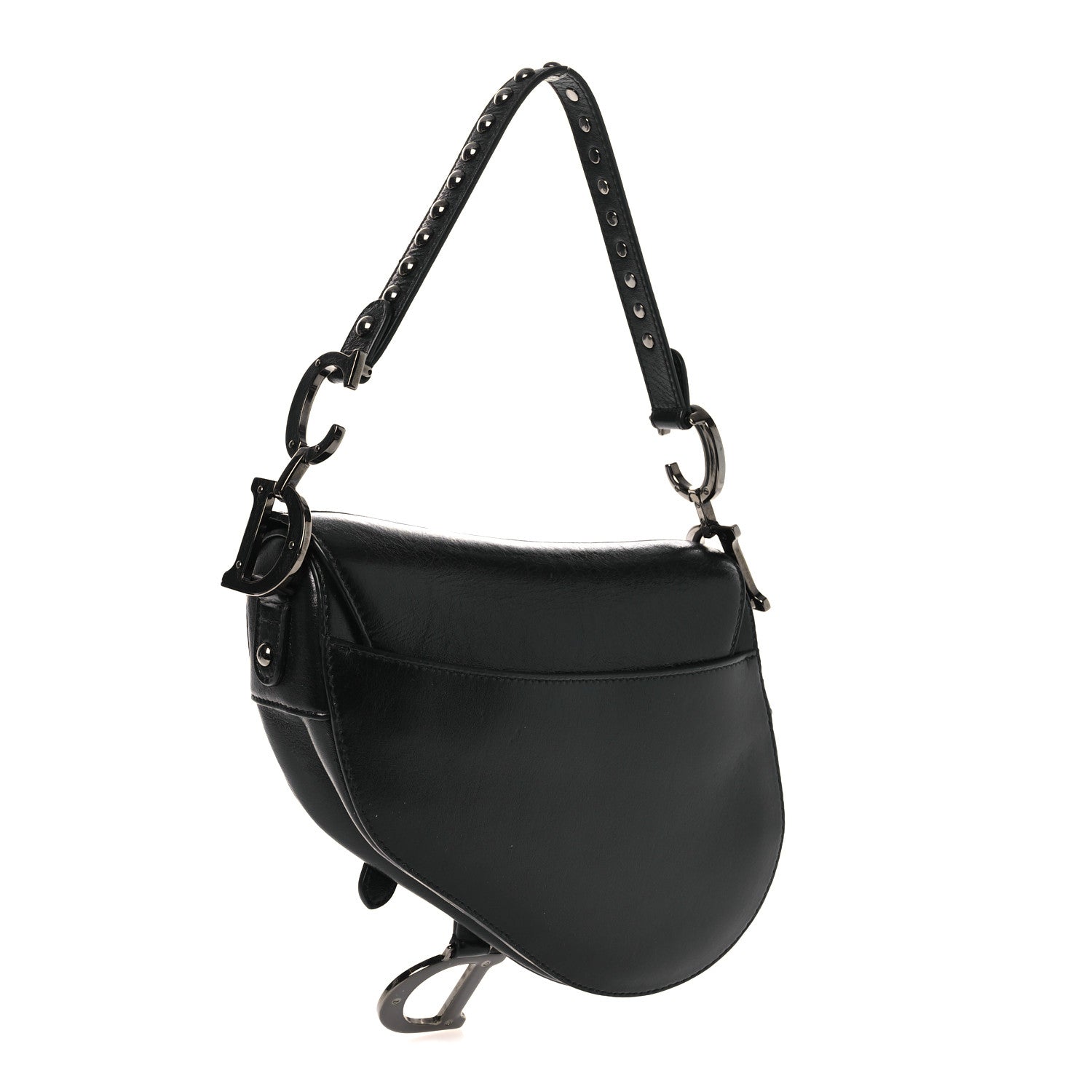 Christian Dior Shiny Crinkled Calfskin Studded Saddle Bag Black 3 of 12