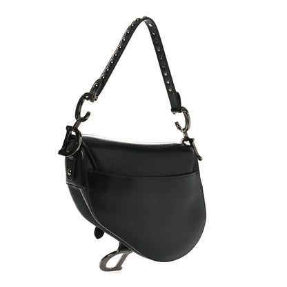 Christian Dior Shiny Crinkled Calfskin Studded Saddle Bag Black 3 of 12