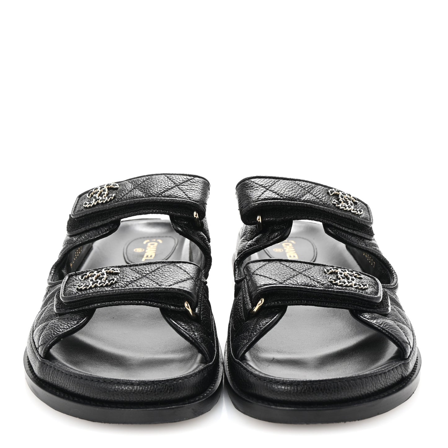Grained Calfskin Quilted Velcro Dad Chain CC Slide Sandals 40 Black