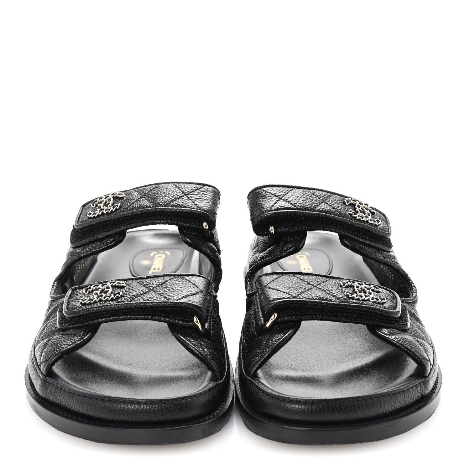 Chanel Grained Calfskin Quilted Velcro Dad Chain CC Slide Sandals 40 Black 3 of 10
