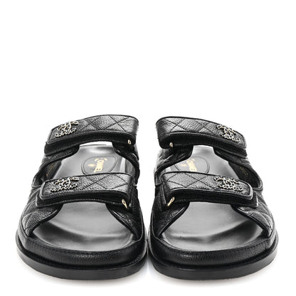 Chanel Grained Calfskin Quilted Velcro Dad Chain CC Slide Sandals 40 Black 3 of 10