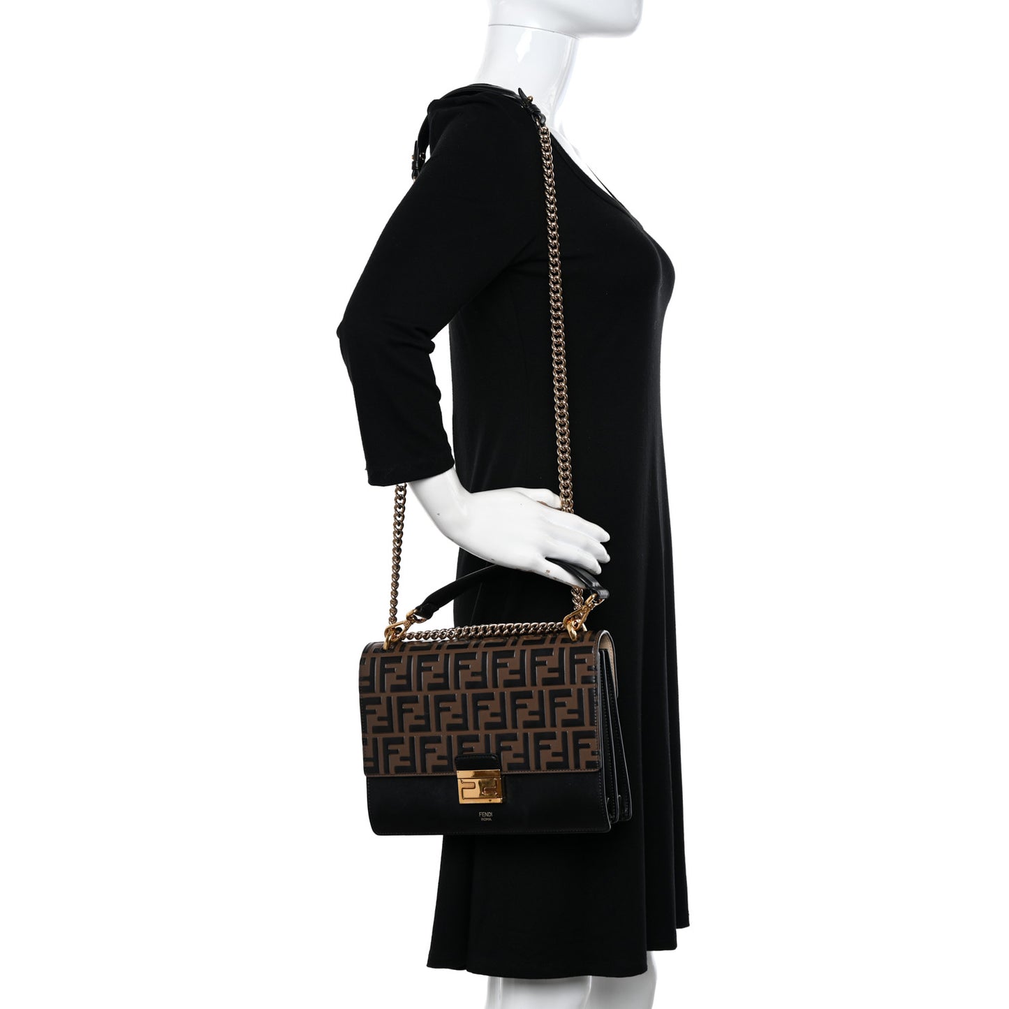 Vitello Liberty Bi-Color FF 1974 Embossed Chain Strap Kan U Shoulder Bag Black Maya